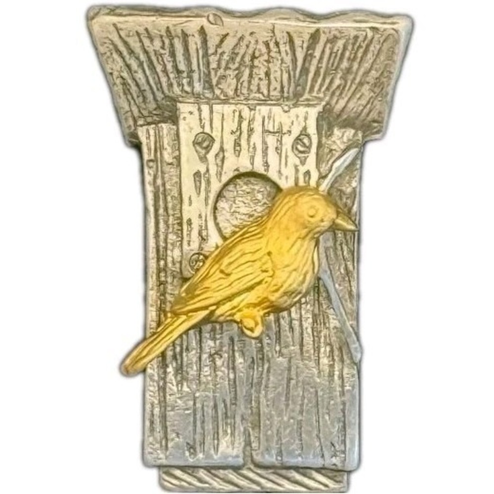 Vintage Pewter & Gold Tone Bird Sitting On Birdhouse 1999 M Bastin Brooch Pin